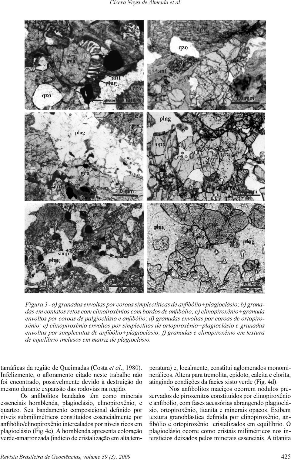 coroas de palgioclásio e anfibólio; d) granadas envoltas por coroas de ortopiroxênio; e) clinopiroxênio envoltos por simplectitas de ortopiroxênio+plagioclásio e granadas envoltas por simplectitas de