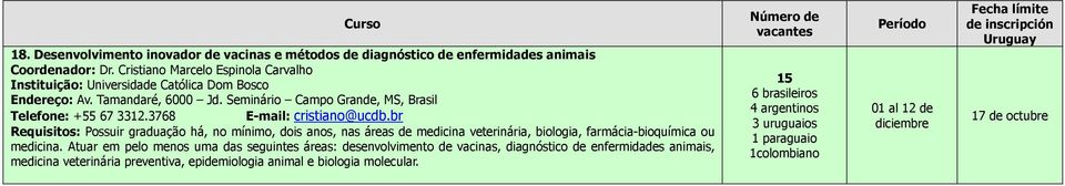 3768 E-mail: cristiano@ucdb.br Requisitos: Possuir graduação há, no mínimo, dois anos, nas áreas de medicina veterinária, biologia, farmácia-bioquímica ou medicina.