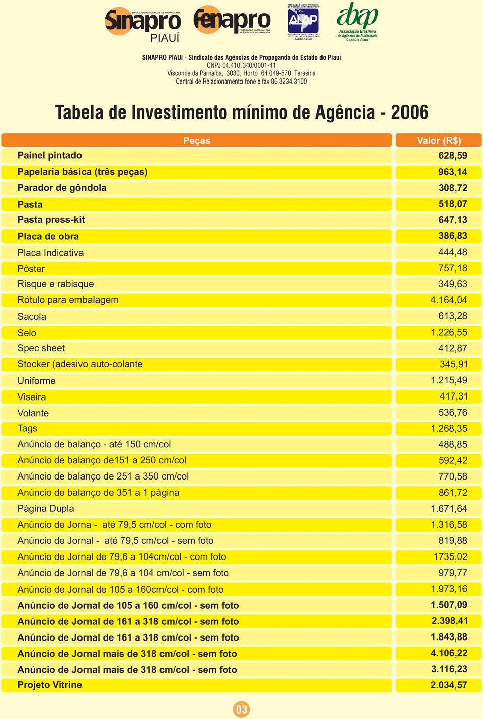 268,35 Anúncio de balanço - até 150 cm/col 488,85 Anúncio de balanço de151 a 250 cm/col 592,42 Anúncio de balanço de 251 a 350 cm/col 770,58 Anúncio de balanço de 351 a 1 página 861,72 Página Dupla 1.