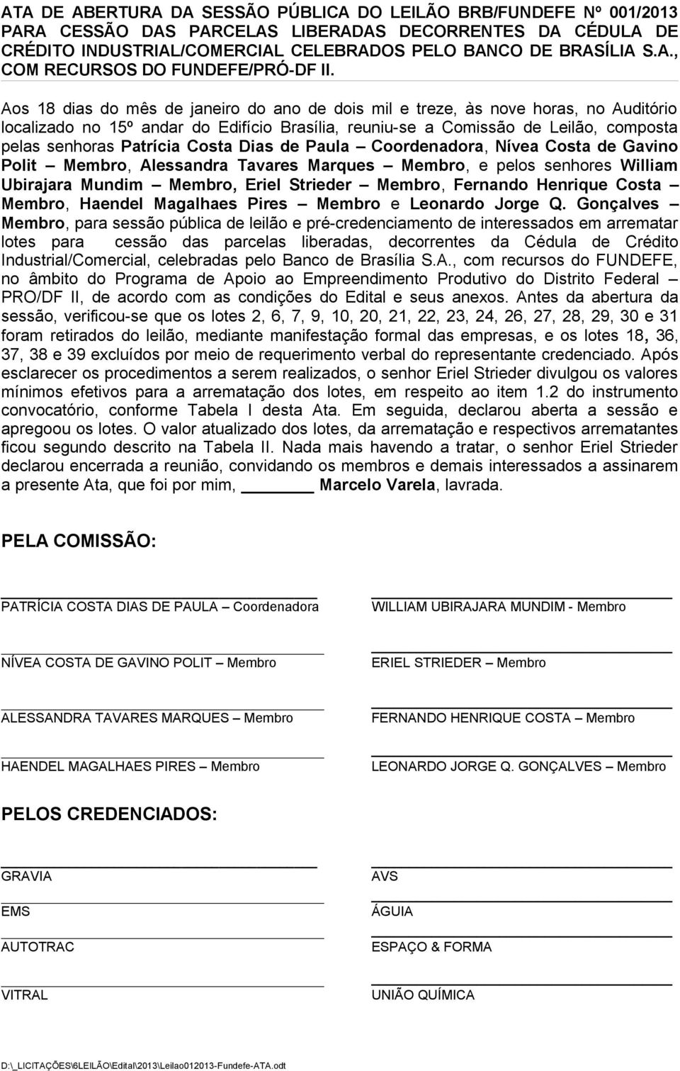 Costa Dias de Paula Coordenadora, Nívea Costa de Gavino Polit Membro, Alessandra Tavares Marques Membro, e pelos senhores William Ubirajara Mundim Membro, Eriel Strieder Membro, Fernando Henrique