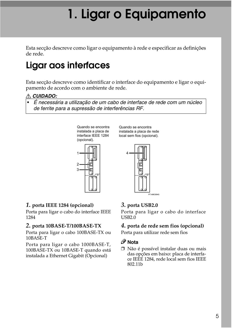 R CUIDADO: É necessária a utilização de um cabo de interface de rede com um núcleo de ferrite para a supressão de interferências RF. PT AMC004S 1.