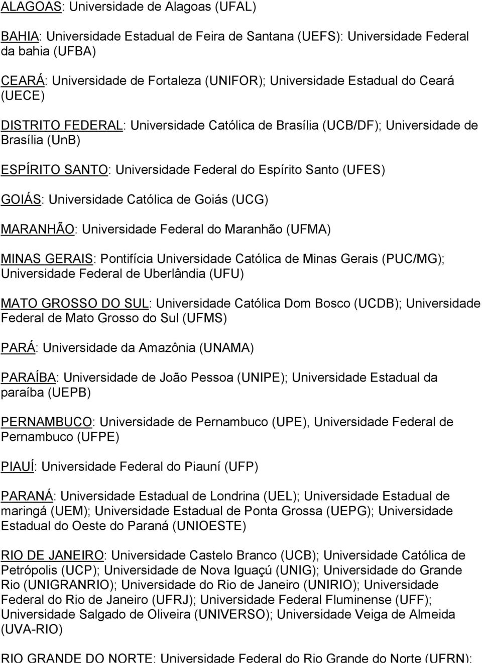 de Goiás (UCG) MARANHÃO: Universidade Federal do Maranhão (UFMA) MINAS GERAIS: Pontifícia Universidade Católica de Minas Gerais (PUC/MG); Universidade Federal de Uberlândia (UFU) MATO GROSSO DO SUL: