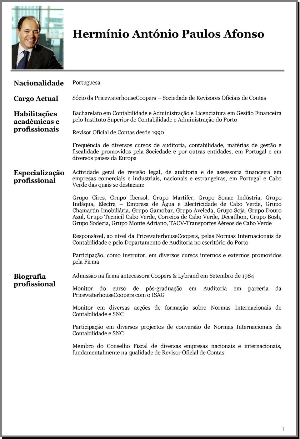 de auditoria, contabilidade, matérias de gestão e fiscalidade promovidos pela Sociedade e por outras entidades, em Portugal e em diversos países da Europa Especialização Actividade geral de revisão