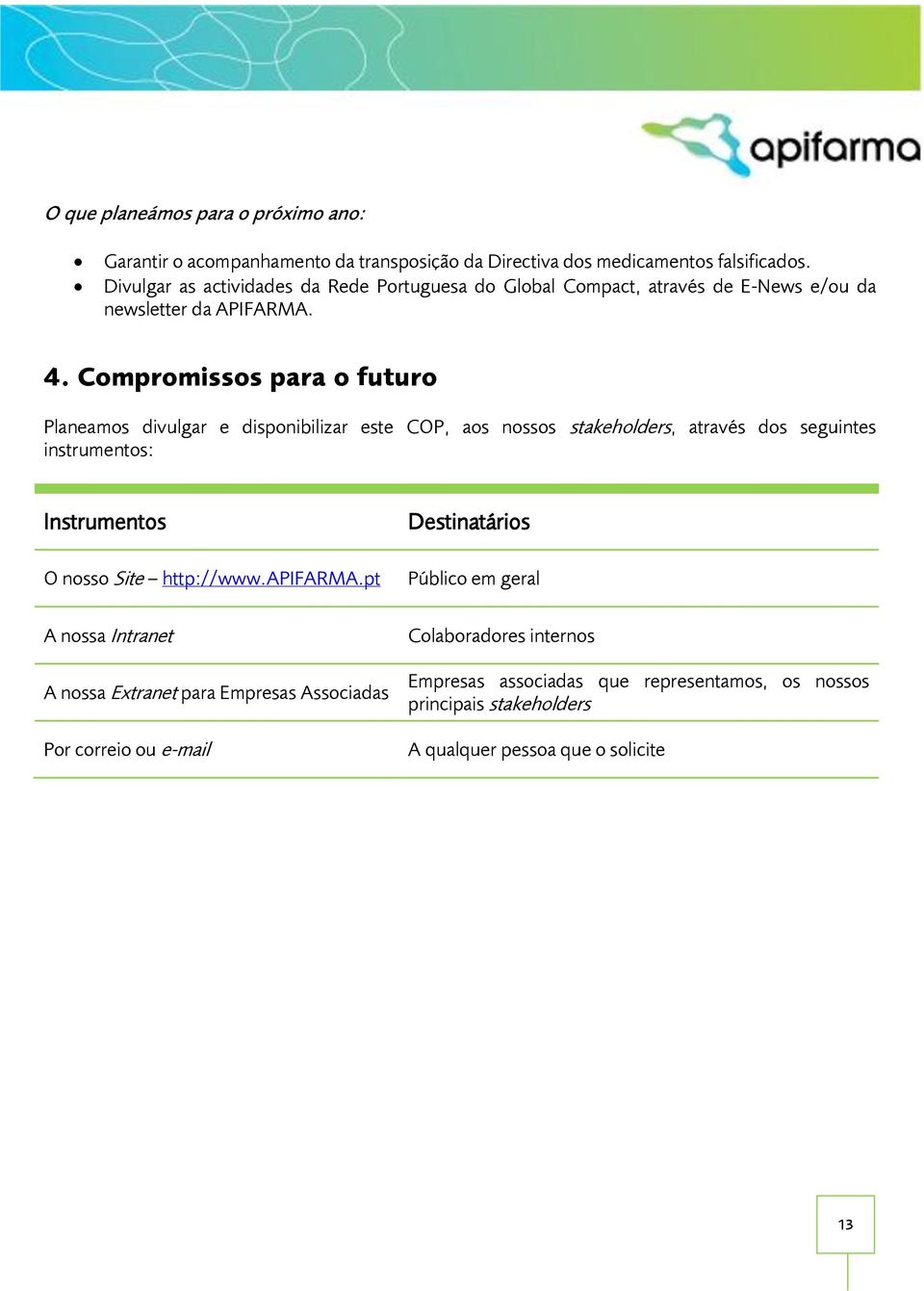 Compromissos para o futuro Planeamos divulgar e disponibilizar este COP, aos nossos stakeholders, através dos seguintes instrumentos: Instrumentos O nosso Site