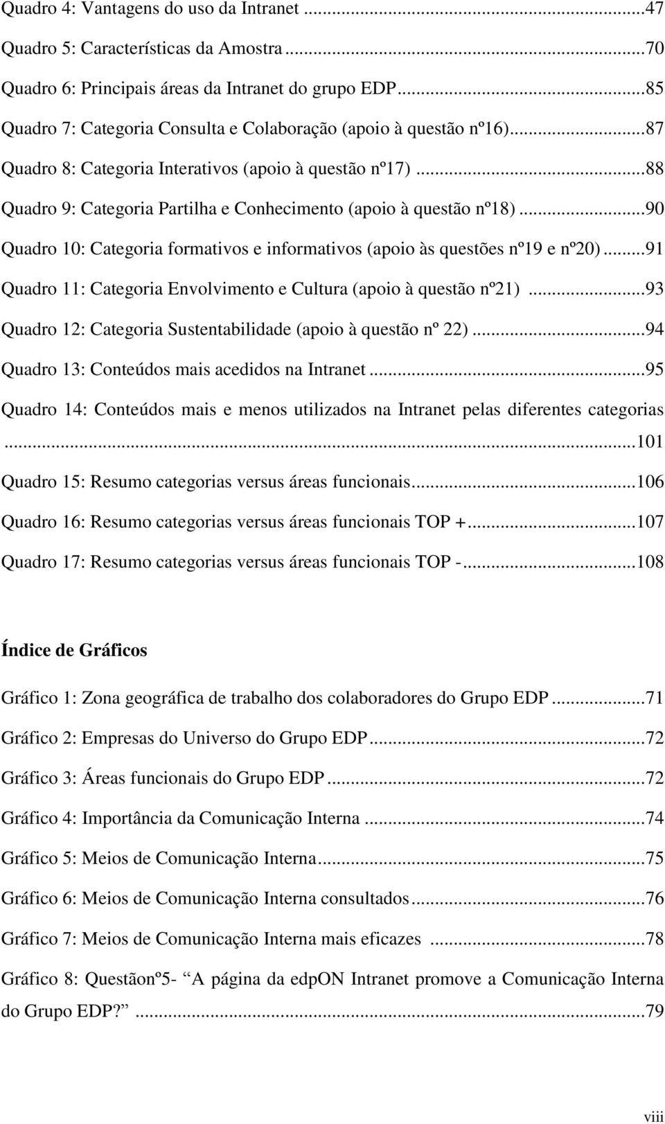 .. 91 Quadr 11: Categria Envlviment e Cultura (api à questã nº21)... 93 Quadr 12: Categria Sustentabilidade (api à questã nº 22)... 94 Quadr 13: Cnteúds mais acedids na Intranet.