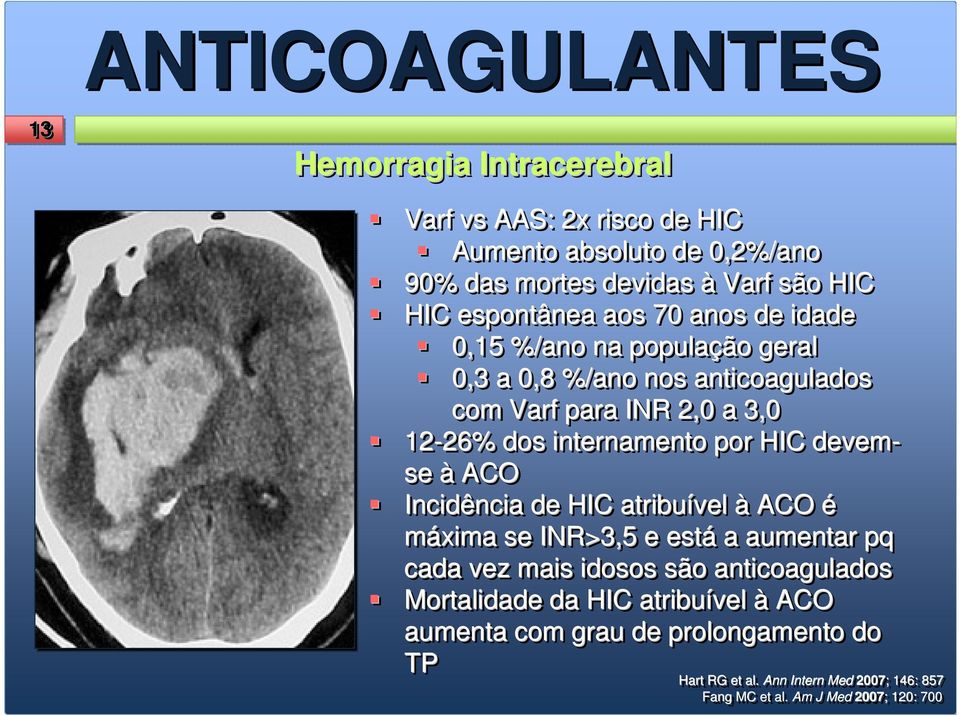 internamento por HIC devem- se à ACO Incidência de HIC atribuível à ACO é máxima se INR>3,5 e está a aumentar pq cada vez mais idosos são