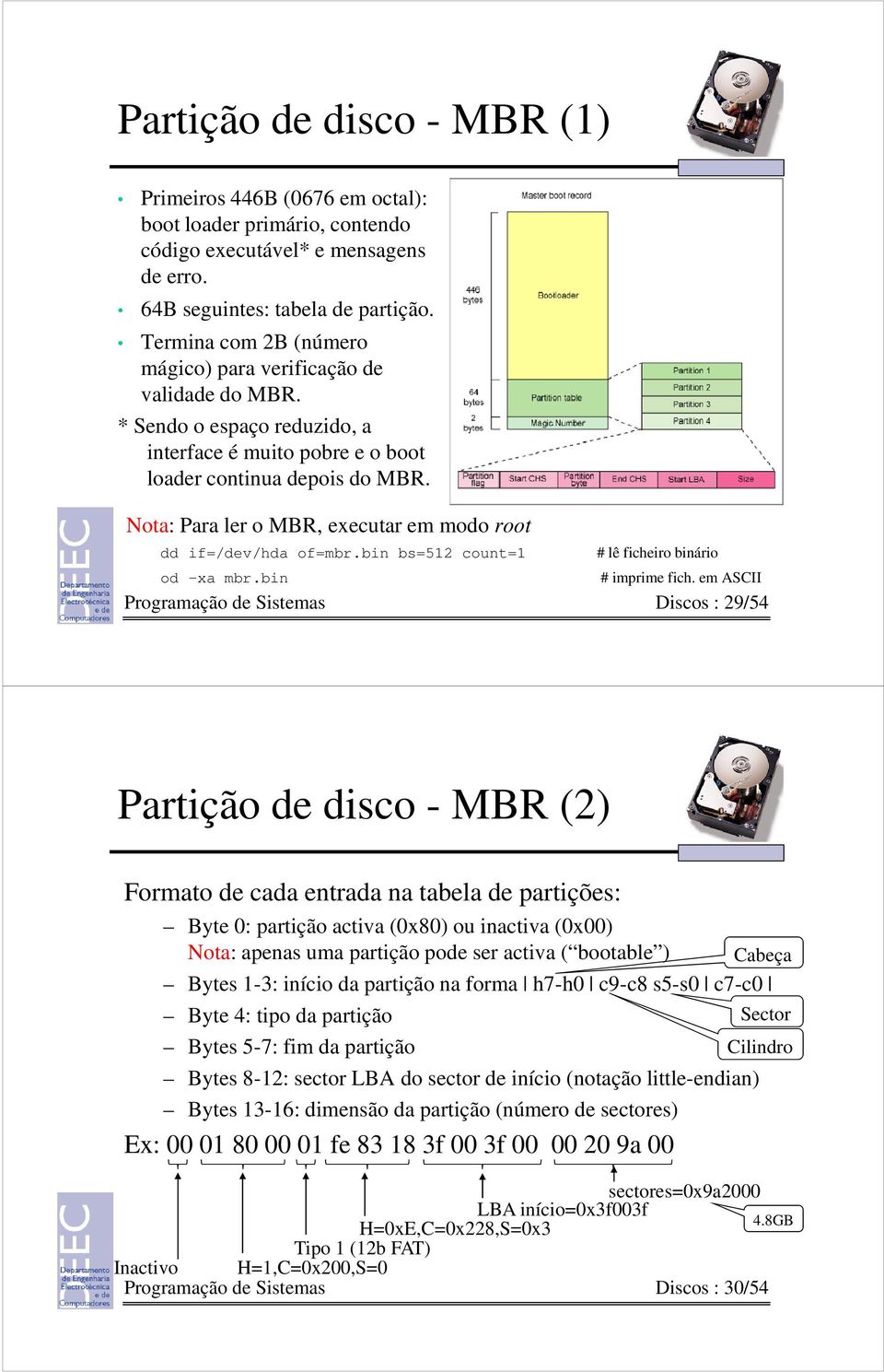 Nota: Para ler o MBR, executar em modo root dd if=/dev/hda of=mbr.bin bs=512 count=1 od xa mbr.bin # lê ficheiro binário # imprime fich.