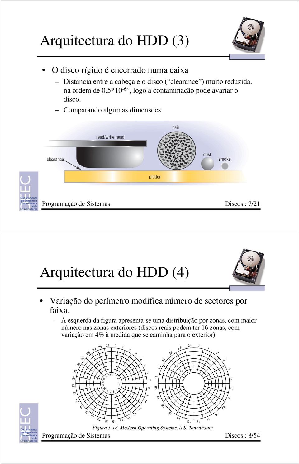 Comparando algumas dimensões Programação de Sistemas Discos : 7/21 Arquitectura do HDD (4) Variação do perímetro modifica número de sectores por faixa.