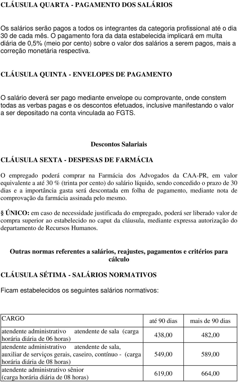 CLÁUSULA QUINTA - ENVELOPES DE PAGAMENTO O salário deverá ser pago mediante envelope ou comprovante, onde constem todas as verbas pagas e os descontos efetuados, inclusive manifestando o valor a ser