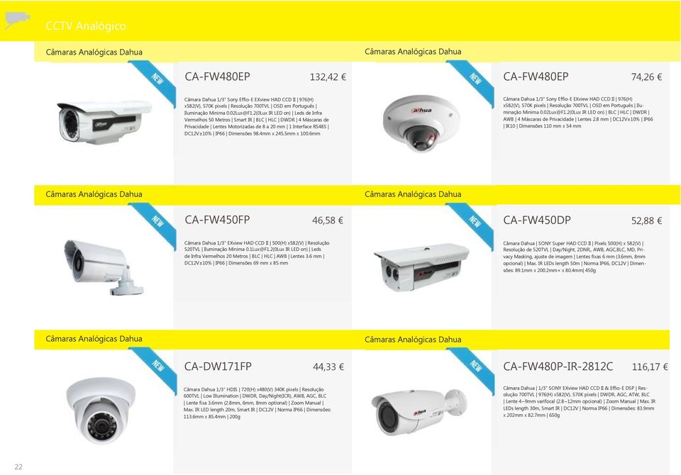 2(0Lux IR LED on) Leds de Infra Vermelhos 50 Metros Smart IR BLC HLC DWDR 4 Máscaras de Privacidade Lentes Motorizadas de 8 a 20 mm 1 Interface RS485 DC12V±10% IP66 Dimensões 98.4mm x 245.5mm x 100.