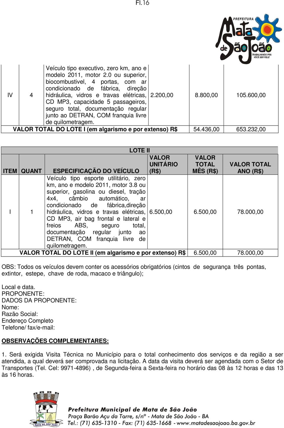 VALOR TOTAL DO LOTE I (em algarismo e por extenso) R$ 54.436,00 653.