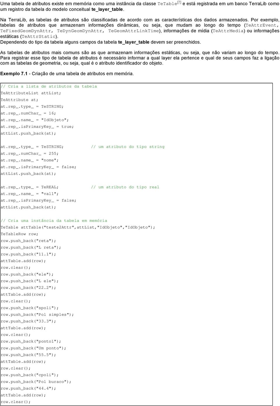 Por exemplo, tabelas de atributos que armazenam informações dinâmicas, ou seja, que mudam ao longo do tempo (TeAttrEvent, TeFixedGeomDynAttr, TeDynGeomDynAttr, TeGeomAttrLinkTime), informações de