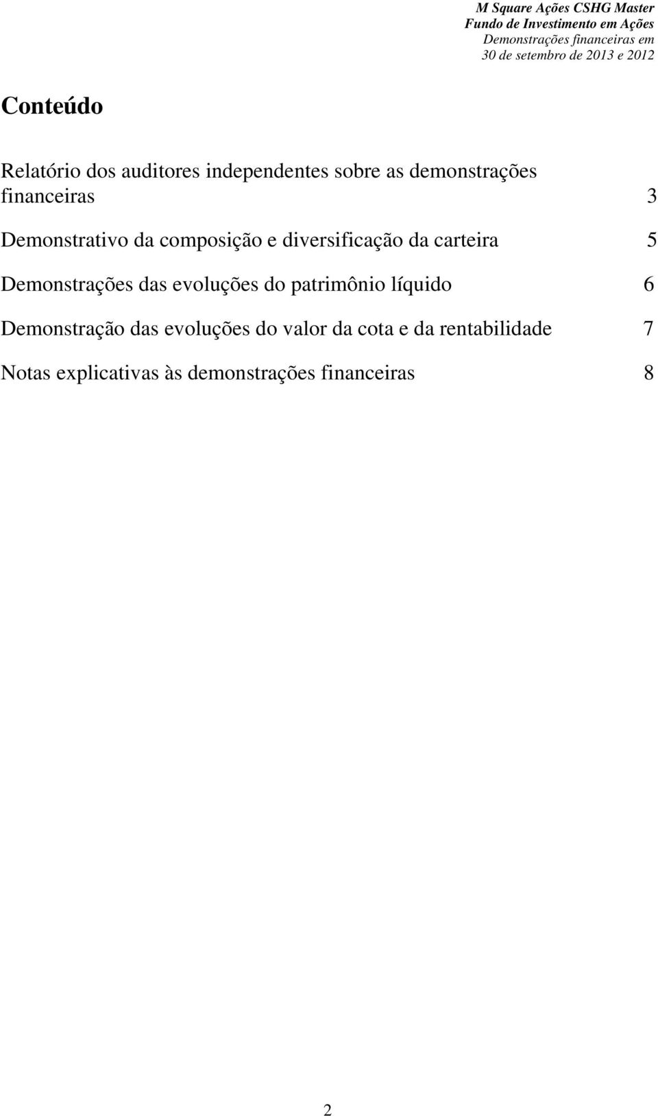 Demonstrativo da composição e diversificação da carteira 5 Demonstrações das evoluções do patrimônio