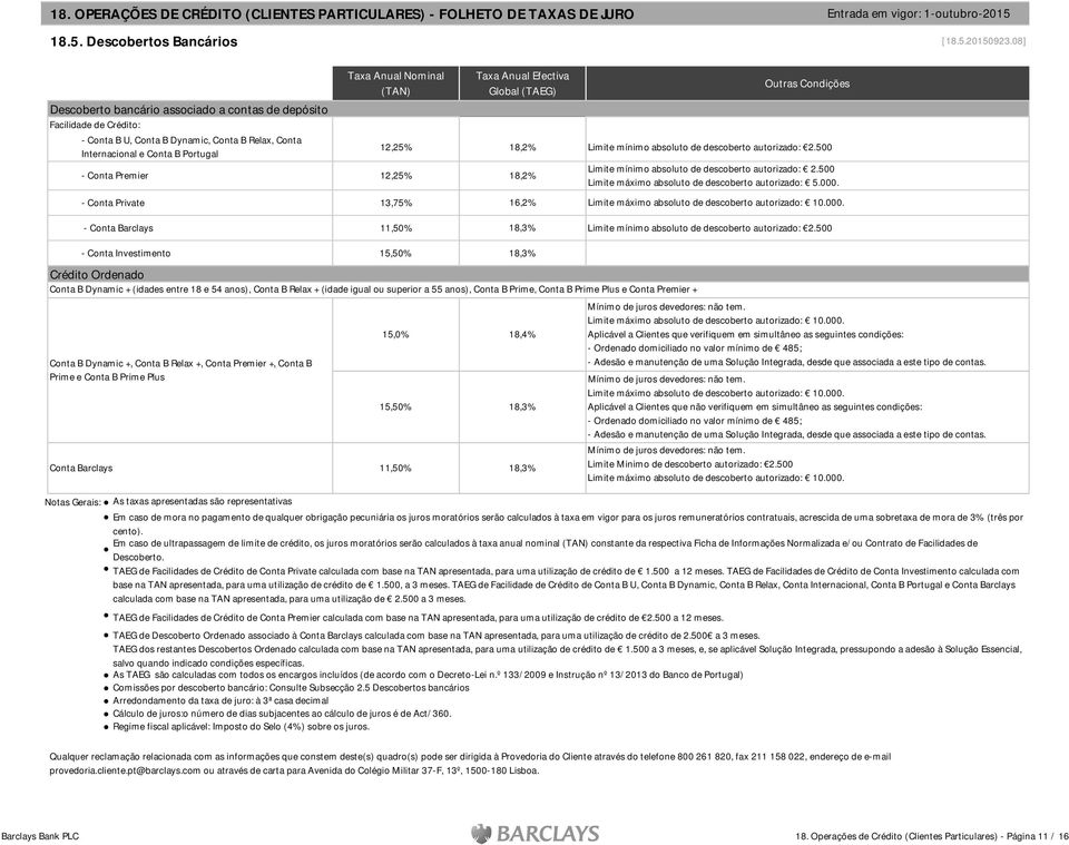 Premier 12,25% 18,2% Limite mínimo absoluto de descoberto autorizado: 2.500 Limite mínimo absoluto de descoberto autorizado: 2.500 Limite máximo absoluto de descoberto autorizado: 5.000.