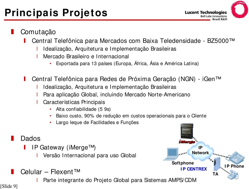 aplicação Global, incluindo Mercado Norte-Americano Características Principais Alta confiabilidade (5 9s) Baixo custo, 90% de redução em custos operacionais para o Cliente Largo leque de