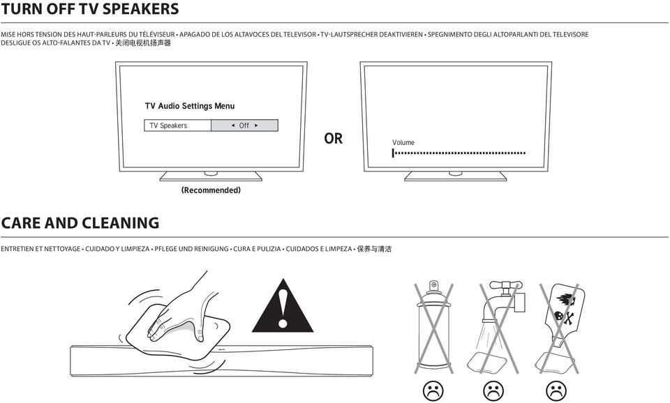 ALTO-FALANTES DA TV 关 闭 电 视 机 扬 声 器 TV Audio Settings Menu TV Speakers Off OR Volume (Recommended) CARE