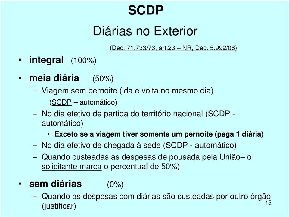 automático) Exceto se a viagem tiver somente um pernoite (paga 1 diária) No dia efetivo de chegada à sede (SCDP - automático) Quando