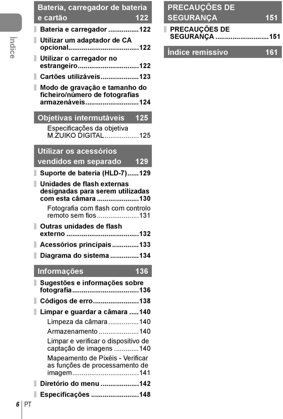 ..151 Índice remissivo 161 6 PT Objetivas intermutáveis 125 Especifi cações da objetiva M.ZUIKO DIGITAL...125 Utilizar os acessórios vendidos em separado 129 Suporte de bateria (HLD-7).