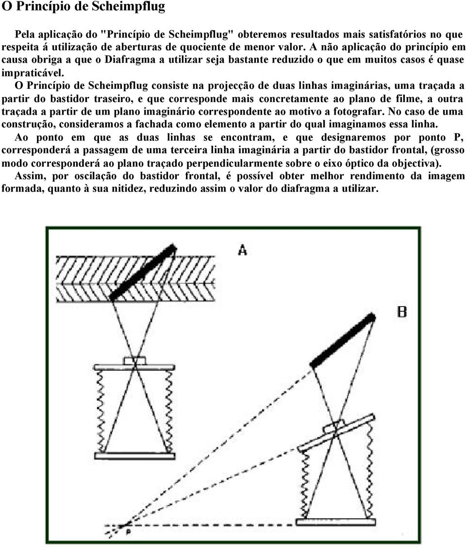 O Princípio de Scheimpflug consiste na projecção de duas linhas imaginárias, uma traçada a partir do bastidor traseiro, e que corresponde mais concretamente ao plano de filme, a outra traçada a