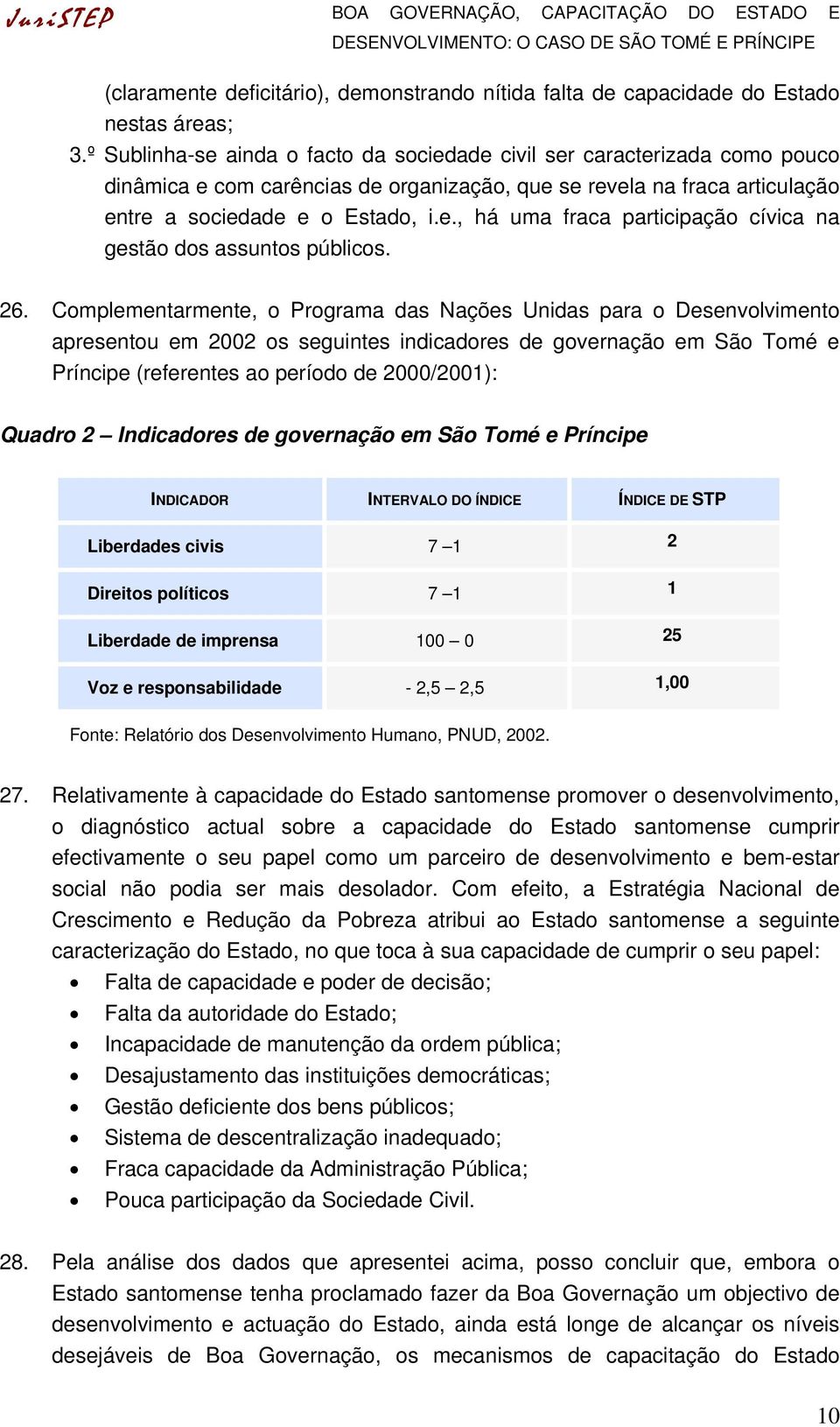 26. Complementarmente, o Programa das Nações Unidas para o Desenvolvimento apresentou em 2002 os seguintes indicadores de governação em São Tomé e Príncipe (referentes ao período de 2000/2001):