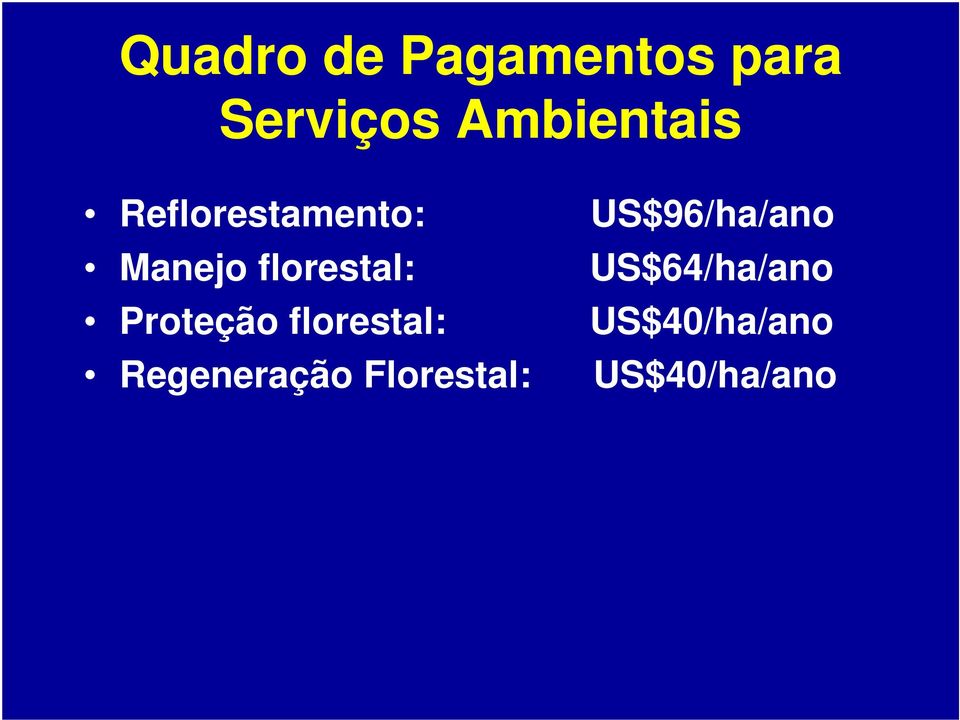 Manejo florestal: US$64/ha/ano Proteção