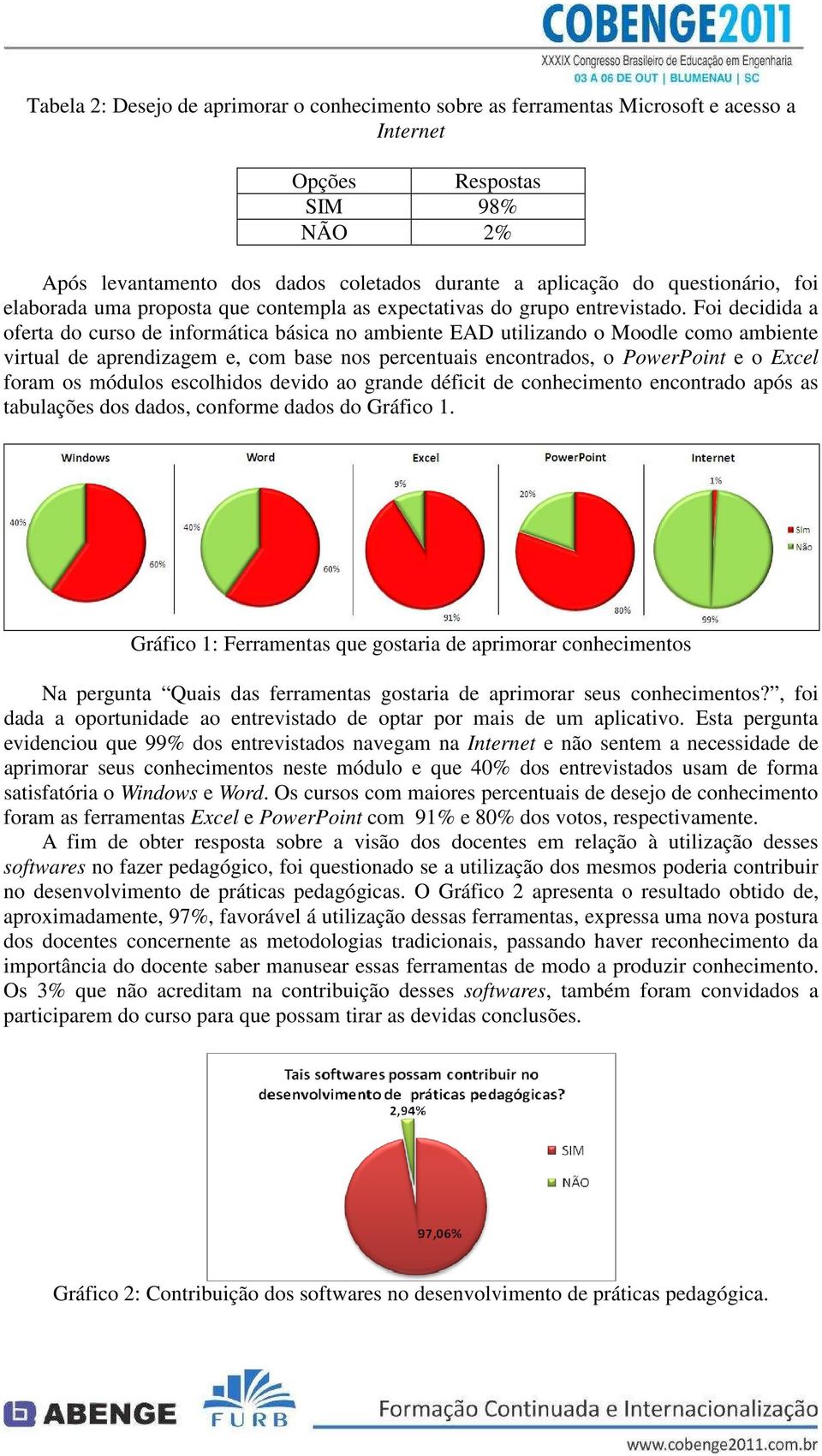 Foi decidida a oferta do curso de informática básica no ambiente EAD utilizando o Moodle como ambiente virtual de aprendizagem e, com base nos percentuais encontrados, o PowerPoint e o Excel foram os