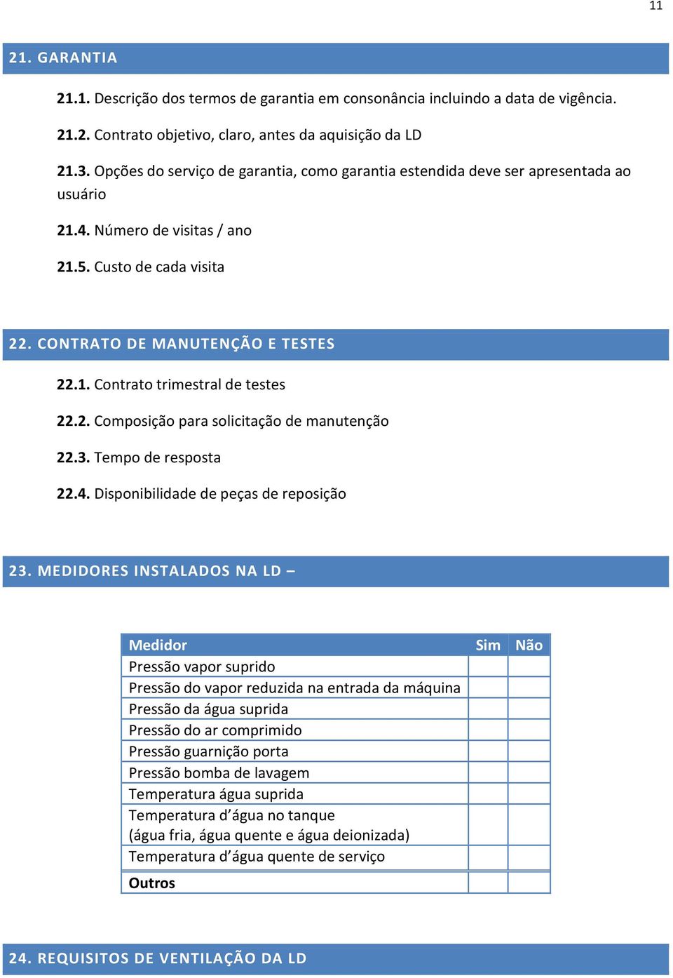 2. Composição para solicitação de manutenção 22.3. Tempo de resposta 22.4. Disponibilidade de peças de reposição 23.