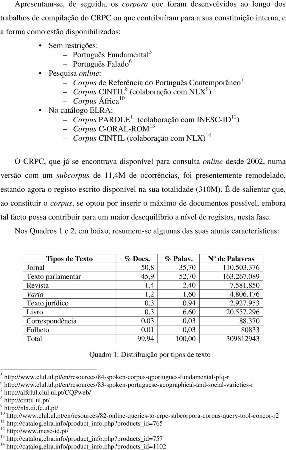 ELRA: Corpus PAROLE 11 (colaboração com INESC-ID 12 ) Corpus C-ORAL-ROM 13 Corpus CINTIL (colaboração com NLX) 14 O CRPC, que já se encontrava disponível para consulta online desde 2002, numa versão