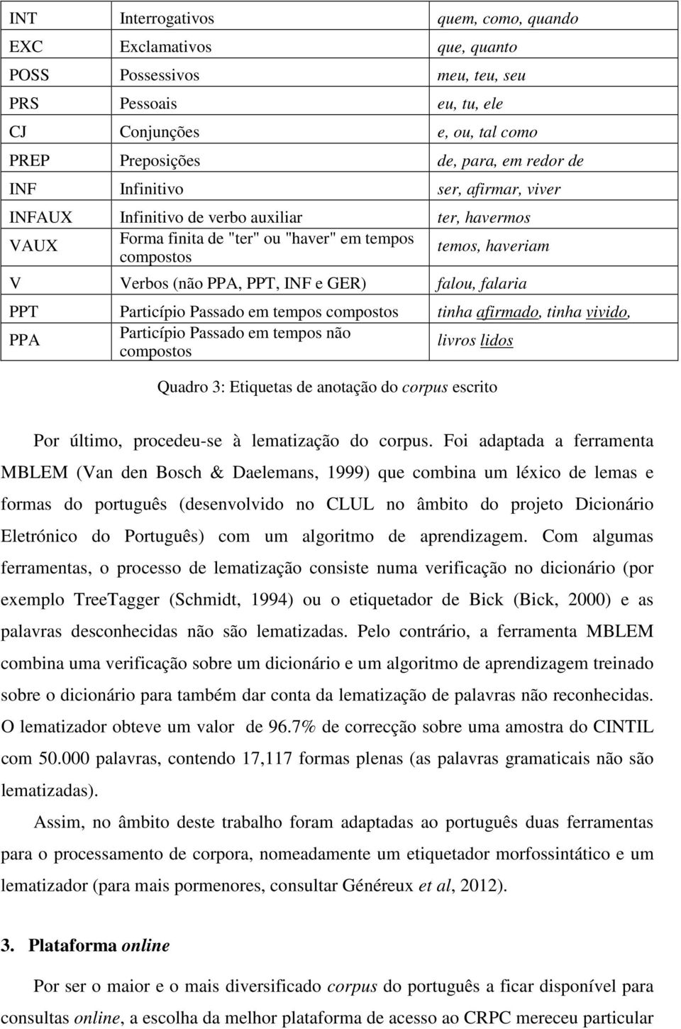 falaria PPT Particípio Passado em tempos compostos tinha afirmado, tinha vivido, PPA Particípio Passado em tempos não livros lidos compostos Quadro 3: Etiquetas de anotação do corpus escrito Por