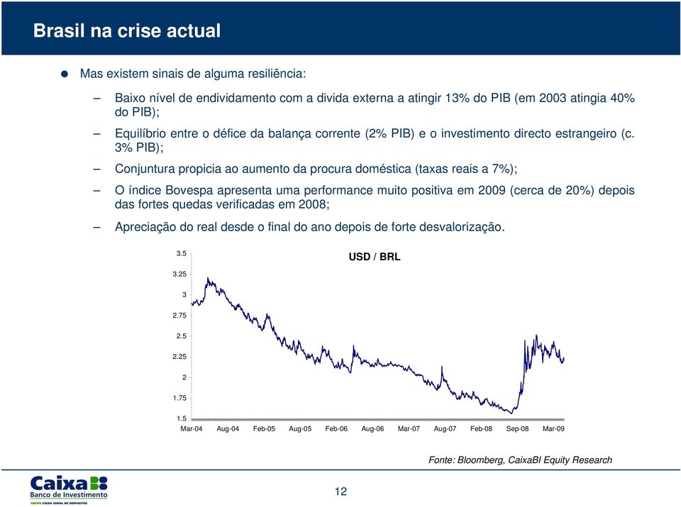 3% PIB); Conjuntura propicia ao aumento da procura doméstica (taxas reais a 7%); O índice Bovespa apresenta uma performance muito positiva em 2009 (cerca de 20%) depois das