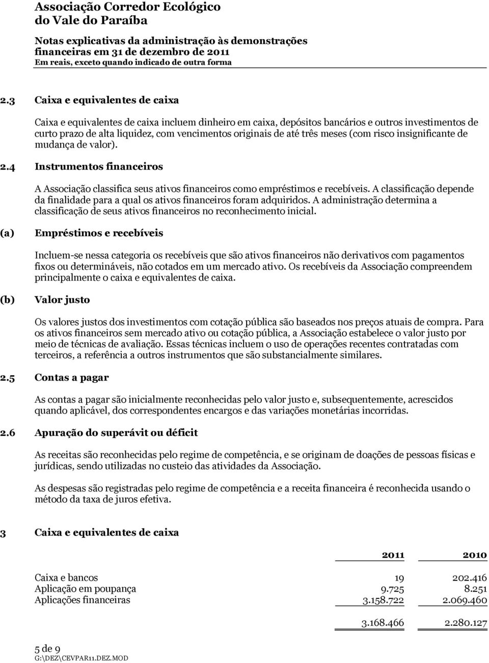 três meses (com risco insignificante de mudança de valor). 2.4 Instrumentos financeiros A Associação classifica seus ativos financeiros como empréstimos e recebíveis.