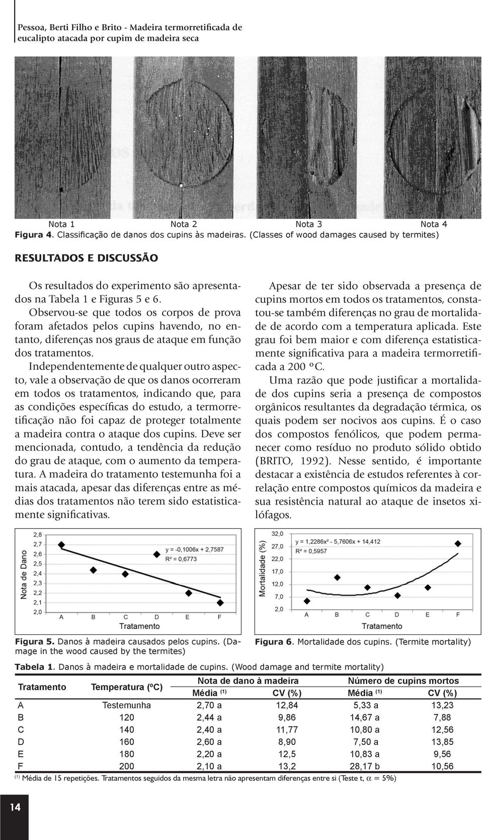 Observou-se que todos os corpos de prova foram afetados pelos cupins havendo, no entanto, diferenças nos graus de ataque em função dos tratamentos.