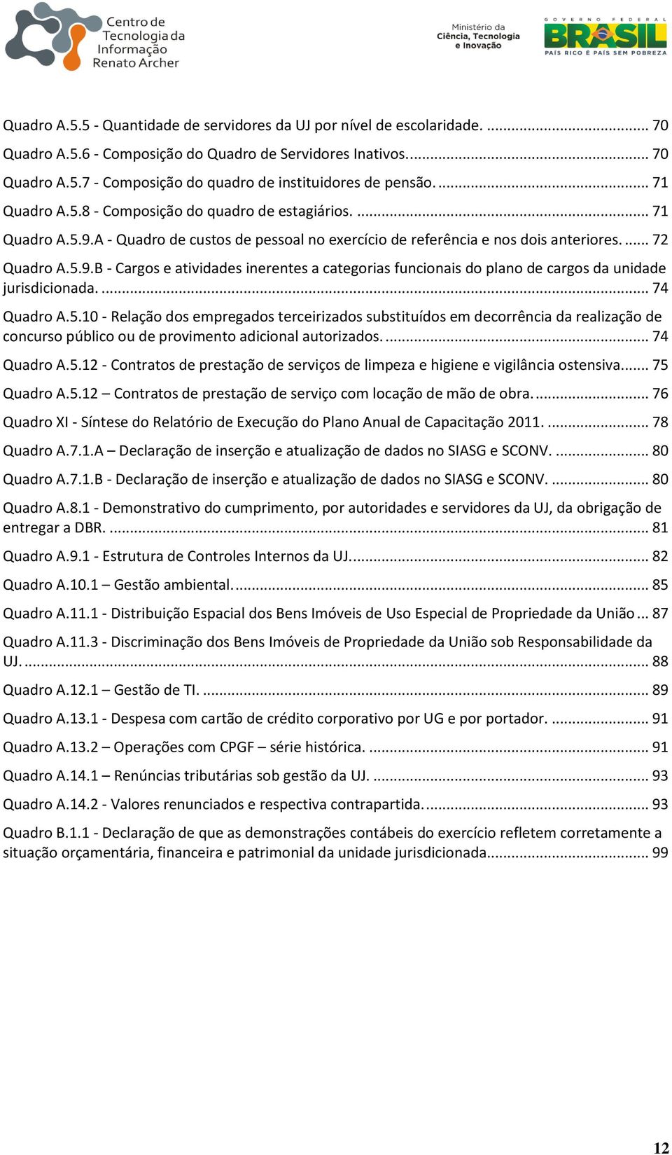 ... 74 Quadro A.5.10 - Relação dos empregados terceirizados substituídos em decorrência da realização de concurso público ou de provimento adicional autorizados.... 74 Quadro A.5.12 - Contratos de prestação de serviços de limpeza e higiene e vigilância ostensiva.