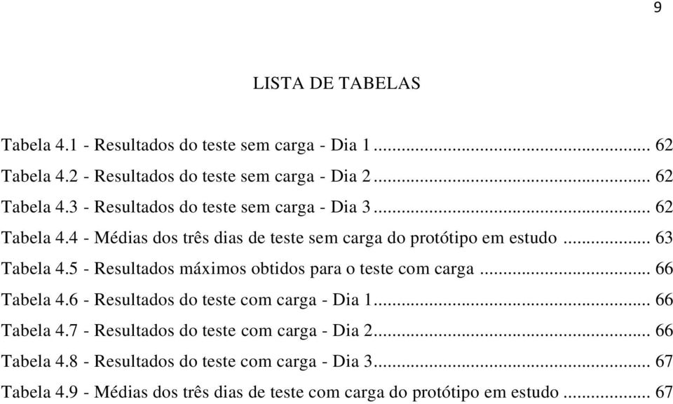 5 - Resultados máximos obtidos para o teste com carga... 66 Tabela 4.6 - Resultados do teste com carga - Dia 1... 66 Tabela 4.7 - Resultados do teste com carga - Dia 2.