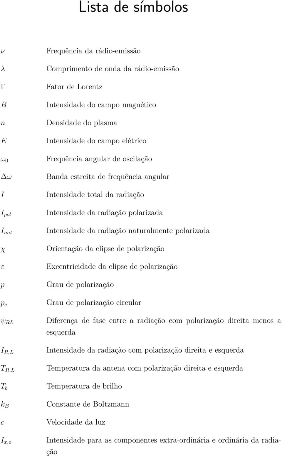 Intensidade da radiação naturalmente polarizada Orientação da elipse de polarização Excentricidade da elipse de polarização Grau de polarização Grau de polarização circular Diferença de fase entre a