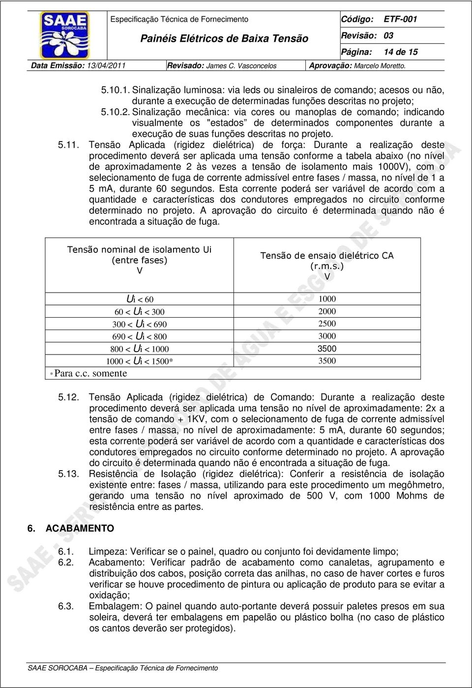 Tensão Aplicada (rigidez dielétrica) de força: Durante a realização deste procedimento deverá ser aplicada uma tensão conforme a tabela abaixo (no nível de aproximadamente 2 às vezes a tensão de