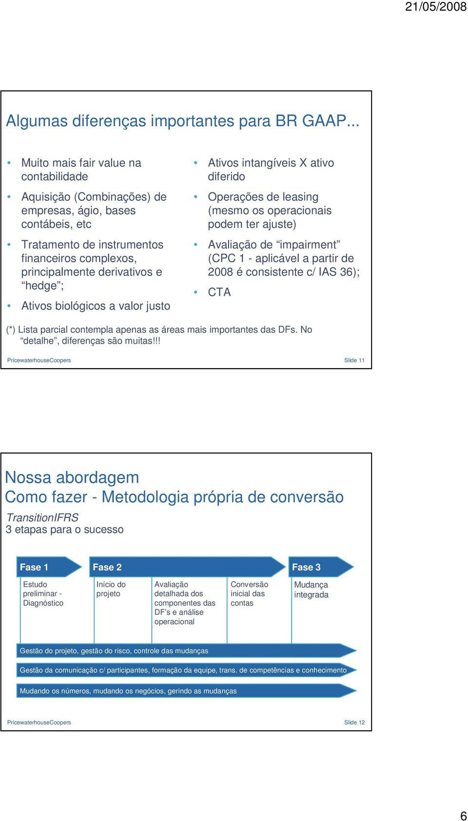 biológicos a valor justo Ativos intangíveis X ativo diferido Operações de leasing (mesmo os operacionais podem ter ajuste) Avaliação de impairment (CPC 1 - aplicável a partir de 2008 é consistente c/