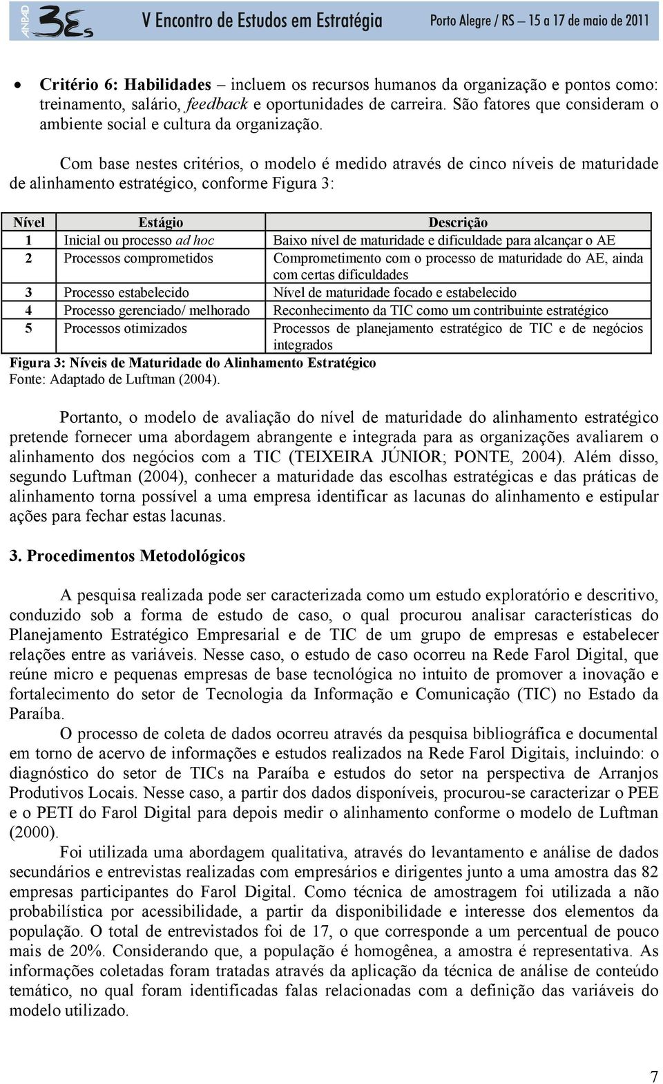 Com base nestes critérios, o modelo é medido através de cinco níveis de maturidade de alinhamento estratégico, conforme Figura 3: Nível Estágio Descrição 1 Inicial ou processo ad hoc Baixo nível de