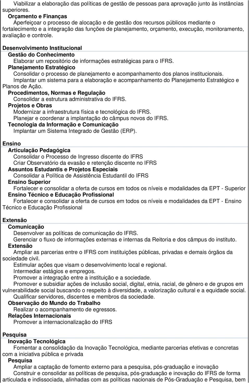 avaliação e controle. Desenvolvimento Institucional Gestão do Conhecimento Elaborar um repositório de informações estratégicas para o IFRS.