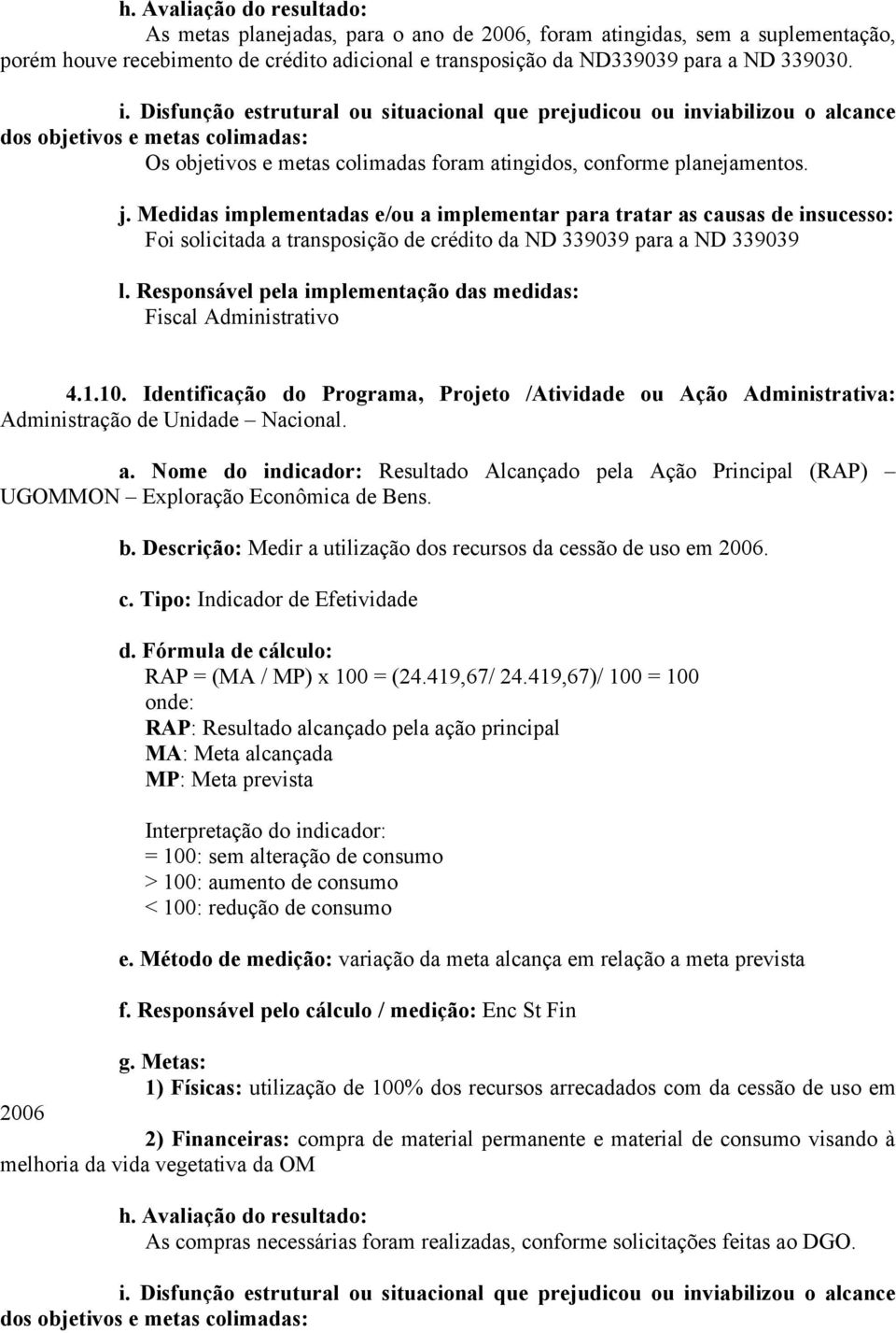 Foi solicitada a transposição de crédito da ND 339039 para a ND 339039 4.1.10. Identificação do Programa, Projeto /Atividade ou Ação Administrativa: Administração de Unidade Nacional. a. Nome do indicador: Resultado Alcançado pela Ação Principal (RAP) UGOMMON Exploração Econômica de Bens.