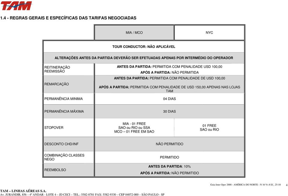 PERMITIDA COM PENALIDADE DE USD 100,00 APÓS A PARTIDA: PERMITIDA COM PENALIDADE DE USD 150,00 APENAS NAS LOJAS TAM 04 DIAS PERMANÊNCIA MÁXIMA 30 DIAS STOPOVER MIA - 01 FREE