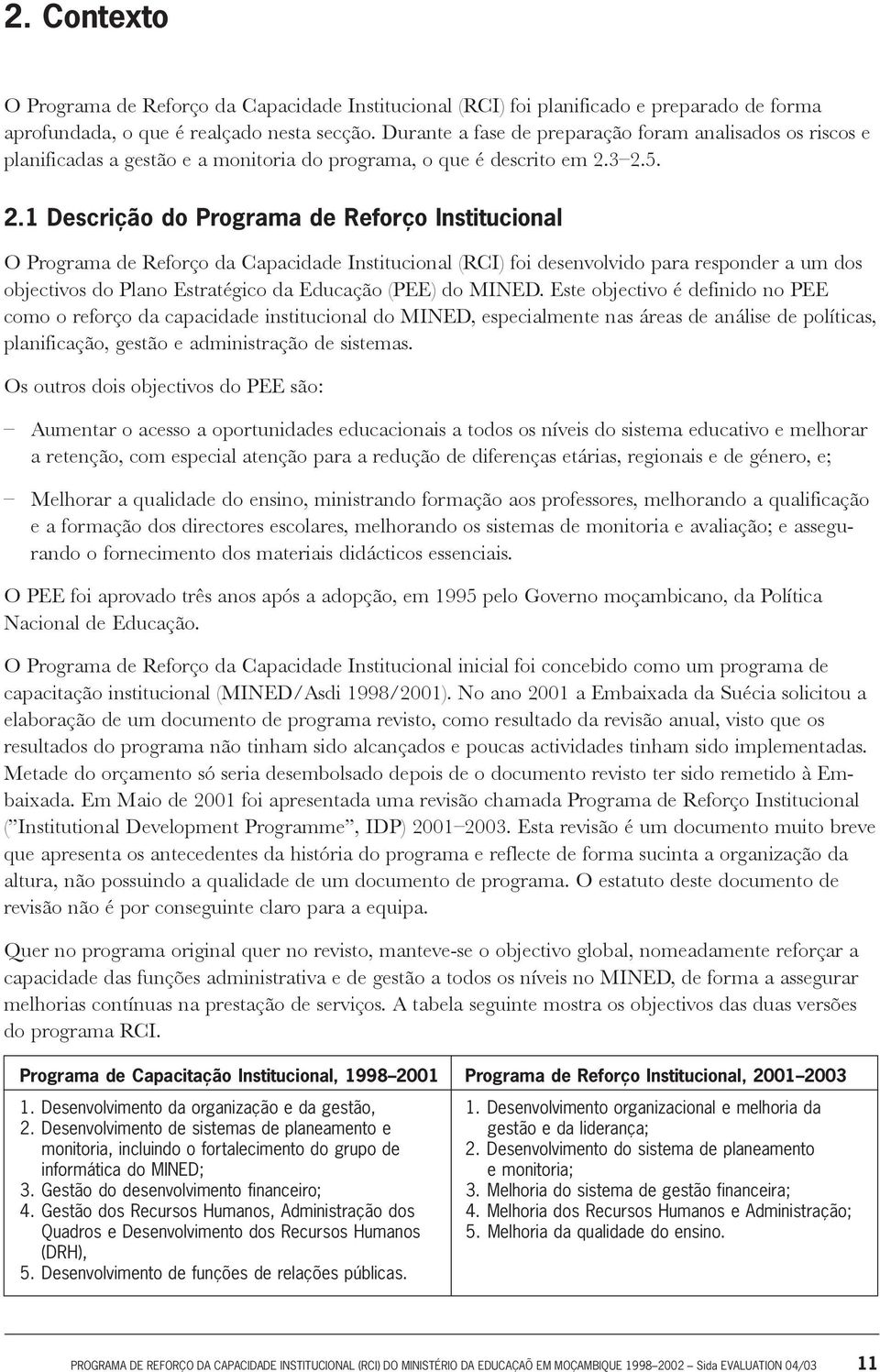 3 2.5. 2.1 Descrição do Programa de Reforço Institucional O Programa de Reforço da Capacidade Institucional (RCI) foi desenvolvido para responder a um dos objectivos do Plano Estratégico da Educação