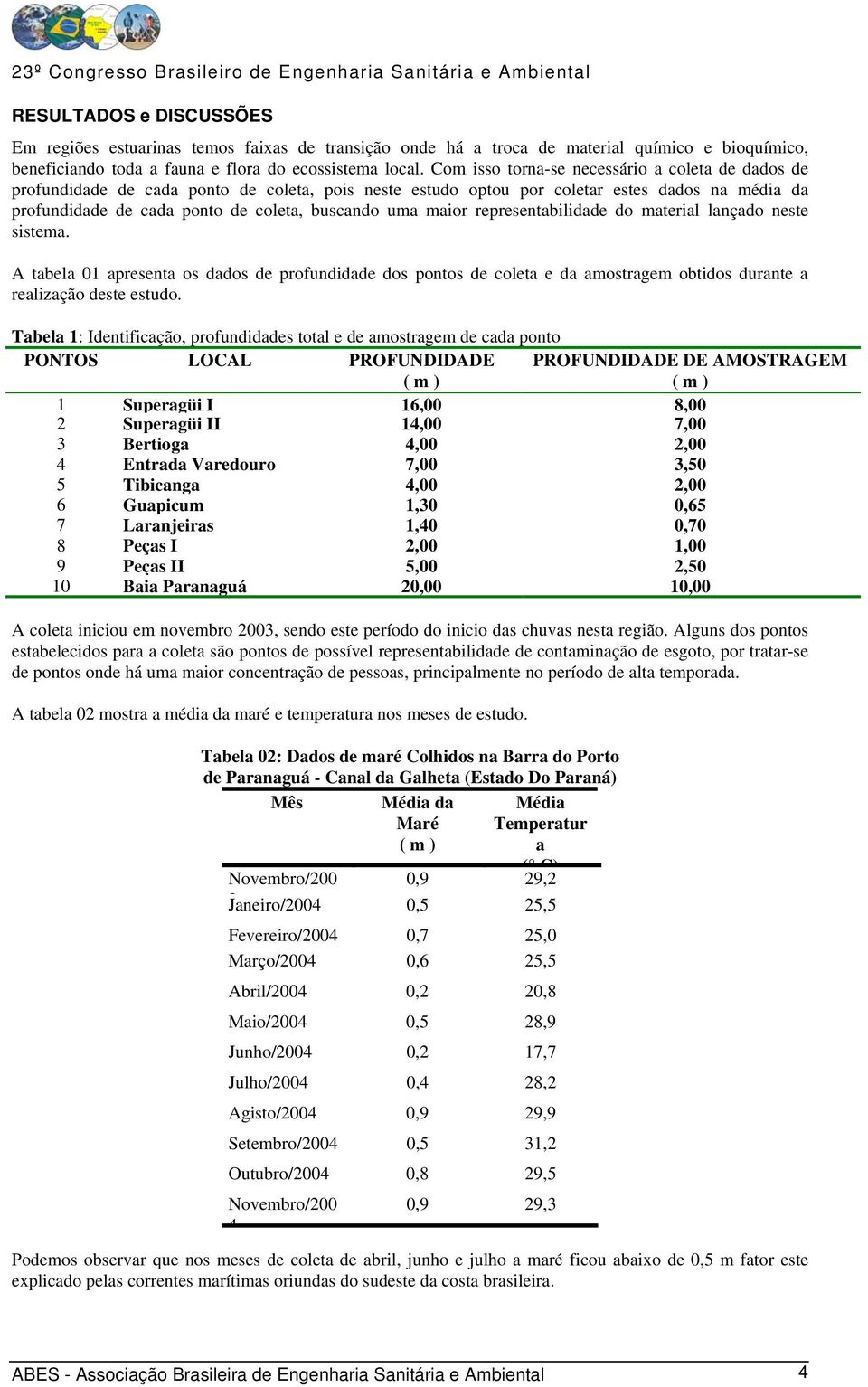 maior representabilidade do material lançado neste sistema. A tabela 01 apresenta os dados de profundidade dos pontos de coleta e da amostragem obtidos durante a realização deste estudo.