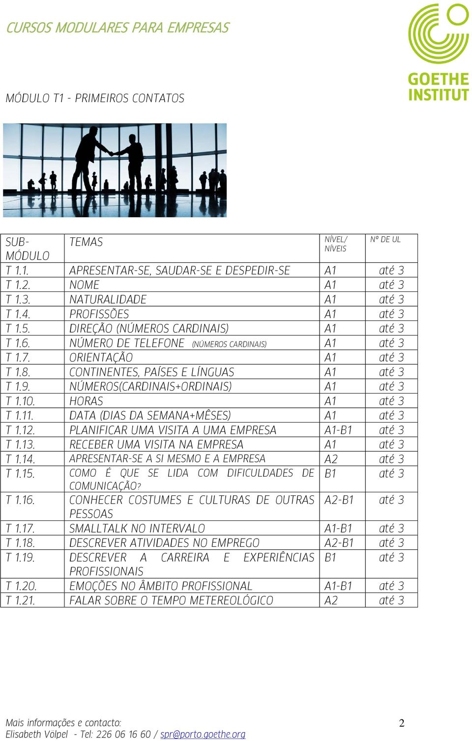 NÚMEROS(CARDINAIS+ORDINAIS) A1 até 3 T 1.10. HORAS A1 até 3 T 1.11. DATA (DIAS DA SEMANA+MÊSES) A1 até 3 T 1.12. PLANIFICAR UMA VISITA A UMA EMPRESA A1-B1 até 3 T 1.13.