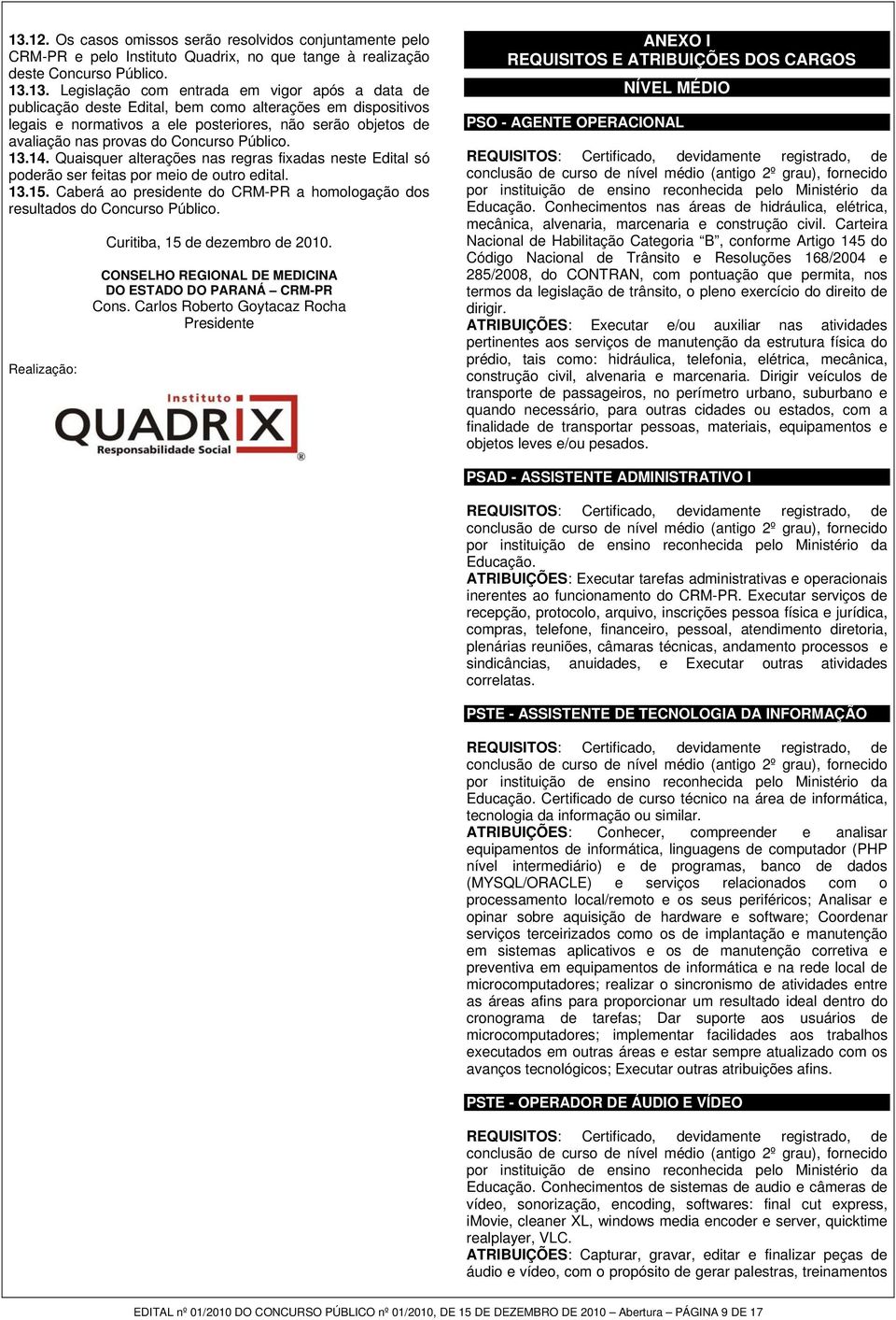 Quaisquer alterações nas regras fixadas neste Edital só poderão ser feitas por meio de outro edital. 13.15. Caberá ao presidente do CRM-PR a homologação dos resultados do Concurso Público.