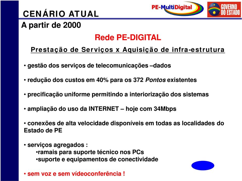 de alta velocidade disponíveis em todas as localidades do Estado de PE serviços agregados : ramais para suporte técnico nos PCs