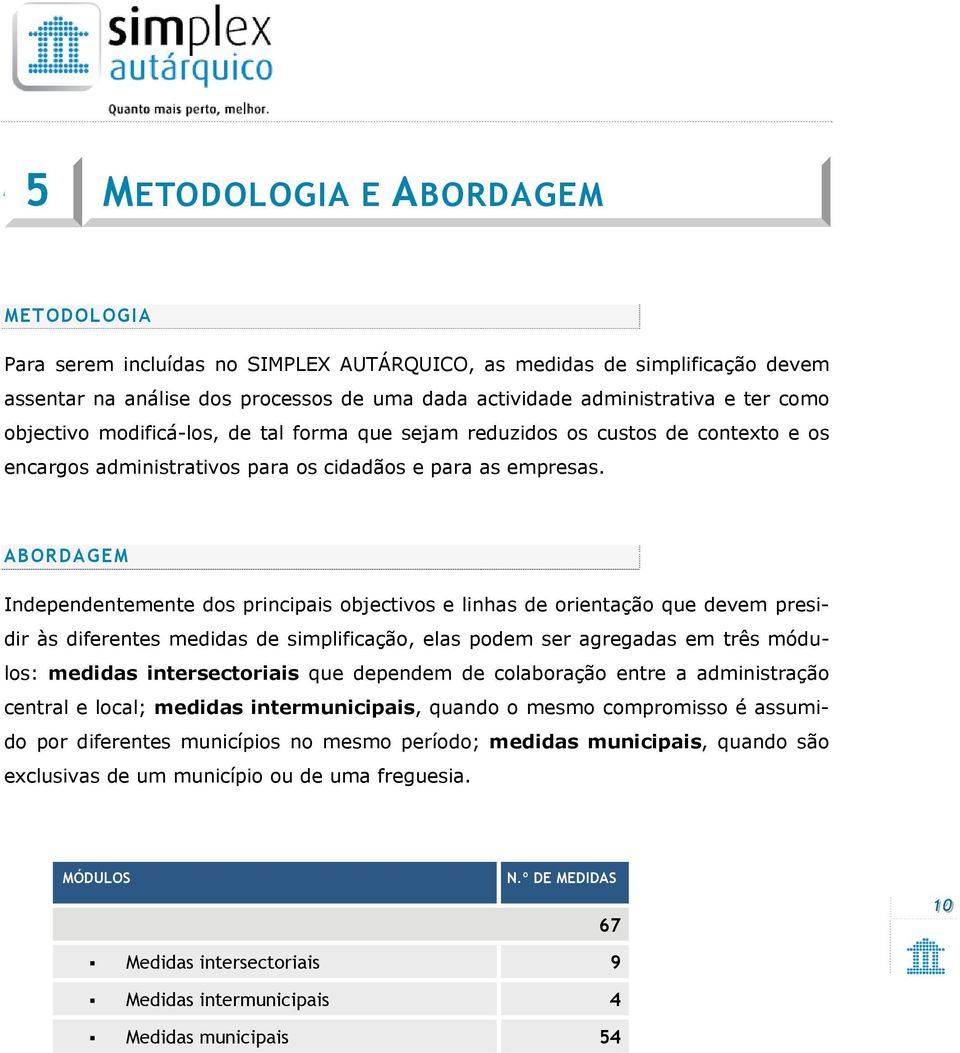 ABORDAGEM Independentemente dos principais objectivos e linhas de orientação que devem presidir às diferentes medidas de simplificação, elas podem ser agregadas em três módulos: medidas