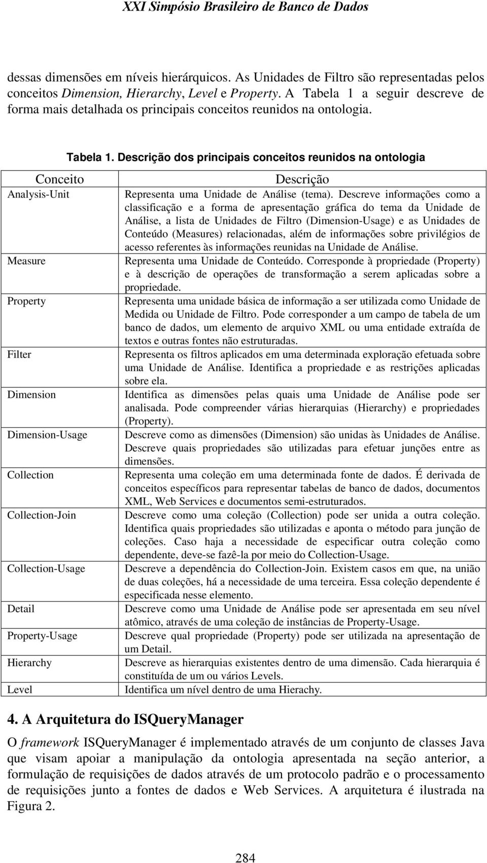 Conceito Analysis-Unit Measure Property Filter Dimension Dimension-Usage Collection Collection-Join Collection-Usage Detail Property-Usage Hierarchy Level Tabela 1.