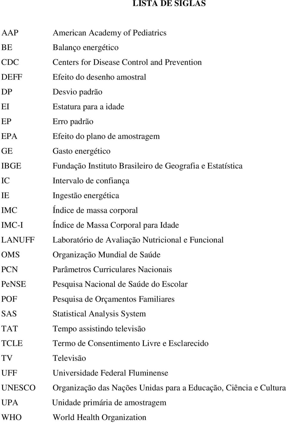 Estatística Intervalo de confiança Ingestão energética Índice de massa corporal Índice de Massa Corporal para Idade Laboratório de Avaliação Nutricional e Funcional Organização Mundial de Saúde