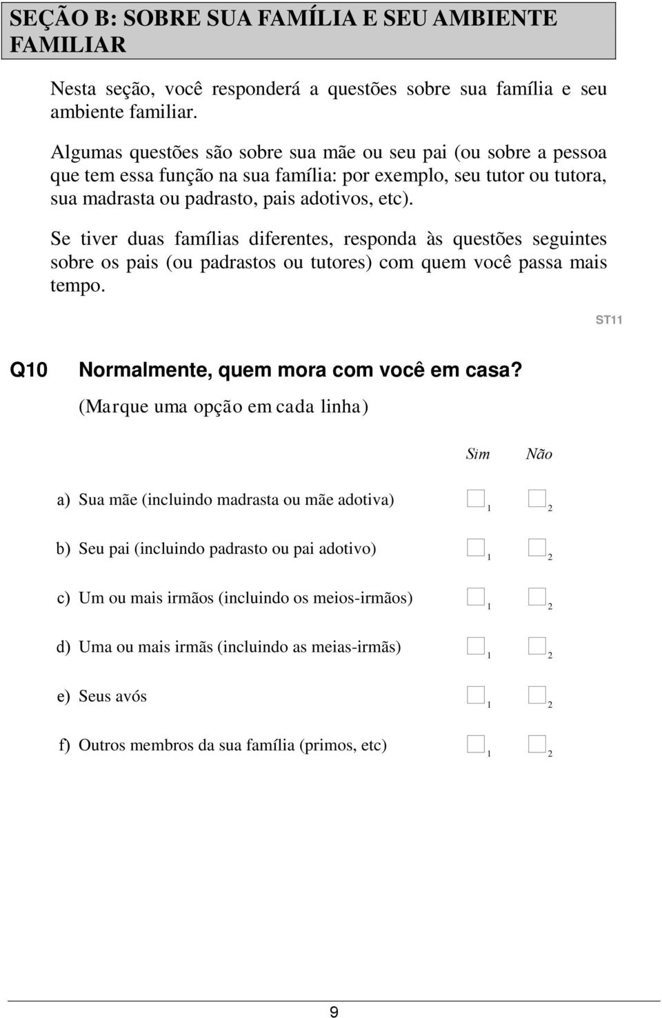 Se tiver duas famílias diferentes, responda às questões seguintes sobre os pais (ou padrastos ou tutores) com quem você passa mais tempo. ST11 Q10 Normalmente, quem mora com você em casa?